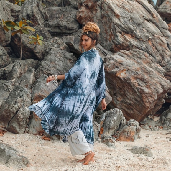 Talía Hand Tiedye Boho Maxi Kimono Duster Coverup - Picture 2 of 4